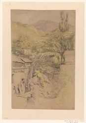 Paisaje de montaña con molino de agua