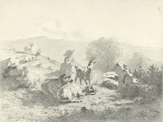 Pastora con cabras y ovejas en un paisaje montañoso