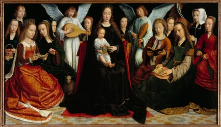 La Virgen entre los santos: Santa Dorotea, Santa Catalina, Santa Inés, Santa Fausta, San Apolo (o Apolonia), Santa Godelina, Santa Cecilia, Santa Bárbara, Santa Lucía, al fondo: Gerard David y su esposa Cornelie y dos ángeles músicos.
