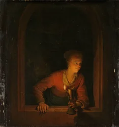 Chica con lámpara de aceite en una ventana