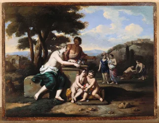 Ninfas recogiendo flores en un paisaje