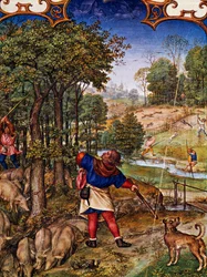 Mes de noviembre, recogida de bellotas y caza de liebres, miniatura del Breviario Grimani, con miniatura de Gerard Horenbout, Alexander y Simon Bening, cod Lat I, 99 f 11v, Países Bajos