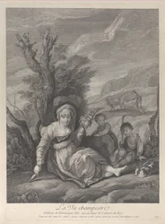 Una campesina sentada en el paisaje con dos niños a su lado, 1729-40