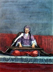 Chica Turca Tocando la Cítara, grabado por Gerard Jean Baptiste Scotin (1671-1716)