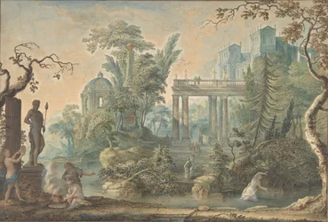 Paisaje Arcadio con varias Figuras y una Estatua de Apolo, siglo XVIII