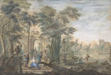 Paisaje Arcadio con varias Figuras y una Estatua de Diana, siglo XVIII