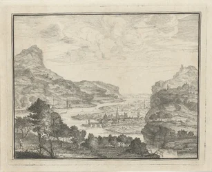 Paisaje fluvial con vistas a una ciudad.