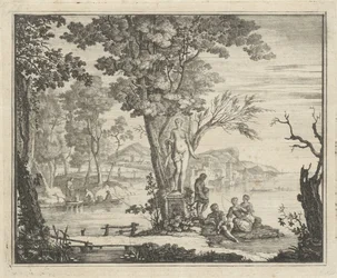 Paisaje fluvial con pescadores cerca de una estatua de Venus