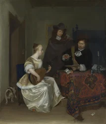 Una mujer tocando un tiorbo para dos hombres, ca 1668