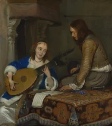 Una mujer tocando el laúd-teorbo y un caballero, ca. 1658
