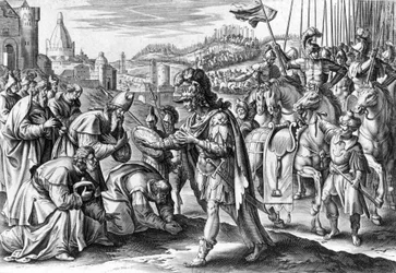 San Loup, obispo de Troyes contra Atila (grabado)