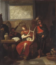 Aquiles tocando la lira a la llegada de los enviados de Agamenón