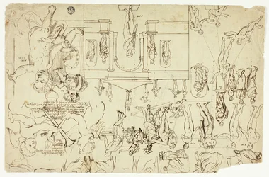 Copias según ilustraciones de estatuas y pinturas (anverso); Medidas para el esqueleto de un hombre (reverso)