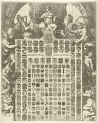 Armas de género del príncipe Guillermo III en un marco alegórico Las Armas de Género LXIIII del Príncipe de Oraenjen, etc. y las Armas de los 7 Países Bajos Unidos con sus Ciudades, etc. (título sobre el objeto)