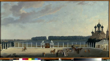 La vista desde las ventanas del Palacio Ostankino (Moscú) (Vista desde las ventanas del Palacio Ostankino). Pintura de Gerard de la Barthe (activo 1787-1810), óleo sobre lienzo, alrededor de 1790. Arte francés del siglo XVIII. Museo Estatal Ruso, San Peter