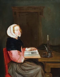 Un interior con una mujer sentada a una mesa sosteniendo un libro (óleo sobre tabla)