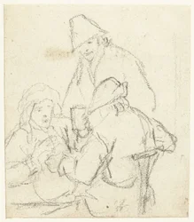 Tres granjeros bebiendo alrededor de una mesa