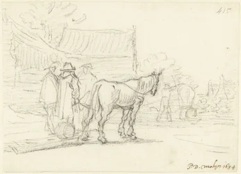 Tres hombres junto a un caballo y un trineo.