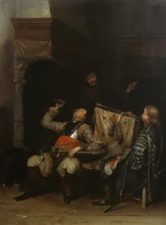 Soldados bebiendo, fumando y tocando música en un interior