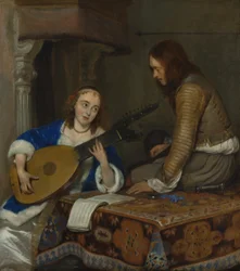 Una Mujer Tocando el Laúd Teorbo y un Caballero, c.1658