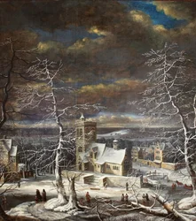 Un pueblo en invierno en un paisaje extenso con figuras en el hielo