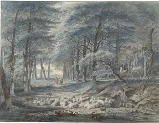 Escena de bosque con un pastor y ovejas y tres figuras