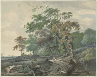 Paisaje con una carretera que atraviesa un bosque y un cazador de halcones