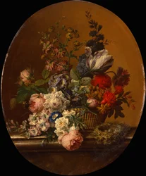 Bodegón de flores en una cesta con un nido de acentor común en una cornisa de piedra (óleo sobre lienzo)