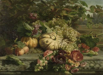 Holandés: Naturaleza muerta con flores y fruta