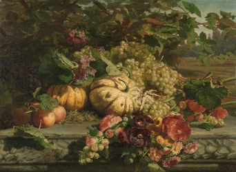 Bodegón con flores y frutas