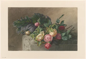Bodegón con rosas y hoja de col