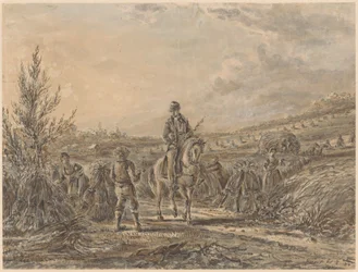 Paisaje con un jinete entre agricultores cosechando