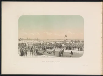 Entretenimiento sobre hielo en el Maas en Rotterdam, visto desde la fortaleza, 1855 Vista de la fortaleza de Maas (título sobre el objeto) El entretenimiento sobre hielo en el Maas en Rotterdam en febrero de 1855, con subtítulos (título de la serie en el o