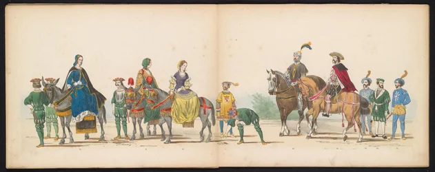 Mascarada de los estudiantes de Leiden, 1855 (lámina 10) Procesión de disfraces realizada por los miembros del cuerpo de estudiantes de Leiden el 12 de junio de 1855, en celebración del 280 aniversario de la Leidsche Hoogeschool, que representa la entrada 