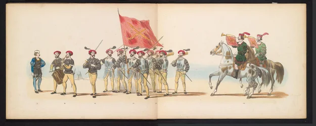 Mascarada de los estudiantes de Leiden, 1855 (lámina 12) Procesión de disfraces realizada por los miembros del cuerpo de estudiantes de Leiden el 12 de junio de 1855, en celebración del 280 aniversario de la Leidsche Hoogeschool, que representa la entrada 
