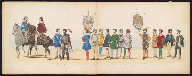Mascarada de los estudiantes de Leiden, 1855 (lámina 13) Procesión de disfraces realizada por los miembros del cuerpo de estudiantes de Leiden el 12 de junio de 1855, en celebración del 280 aniversario de la Leidsche Hoogeschool, que representa la entrada 