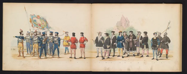 Mascarada de los estudiantes de Leiden, 1855 (lámina 2) Procesión de murgas celebrada por los miembros del cuerpo de estudiantes de Leiden el 12 de junio de 1855, en celebración del 280 aniversario de la Leidsche Hoogeschool, que representa la entrada de C