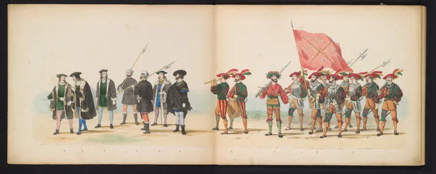 Mascarada de los estudiantes de Leiden, 1855 (lámina 3) Procesión de murgas celebrada por los miembros del cuerpo de estudiantes de Leiden el 12 de junio de 1855, en celebración del 280 aniversario de la Leidsche Hoogeschool, que representa la entrada de C