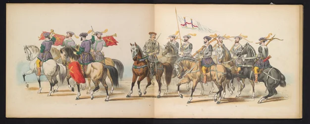 Mascarada de los estudiantes de Leiden, 1855 (lámina 6) Procesión de murgas celebrada por los miembros del cuerpo de estudiantes de Leiden el 12 de junio de 1855, en celebración del 280 aniversario de la Leidsche Hoogeschool, que representa la entrada de C