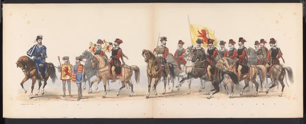 Mascarada de los estudiantes de Leiden, 1870 (lámina 1) Procesión de disfraces realizada por los miembros del cuerpo de estudiantes de Leiden el 7 de junio de 1870, en celebración del 295 aniversario de la Leidsche Hoogeschool, que representa una visita a 