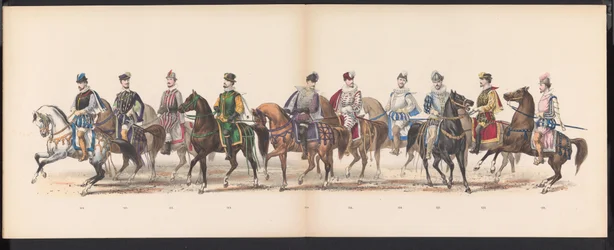Mascarada de los estudiantes de Leiden, 1870 (lámina 10) Procesión de disfraces realizada por los miembros del cuerpo de estudiantes de Leiden el 7 de junio de 1870, en celebración del 295 aniversario de la Leidsche Hoogeschool, que representa una visita a