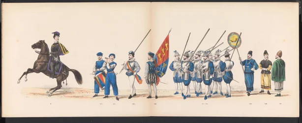 Mascarada de los estudiantes de Leiden, 1870 (lámina 16) Procesión de disfraces realizada por los miembros del cuerpo de estudiantes de Leiden el 7 de junio de 1870, en celebración del 295 aniversario de la Leidsche Hoogeschool, que representa una visita a