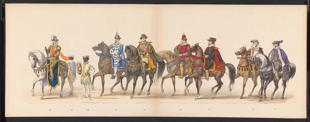 Mascarada de los estudiantes de Leiden, 1875 (lámina 10) Mascarada realizada por los miembros del cuerpo de estudiantes de Leiden el 15 de junio de 1875 en celebración del 300 aniversario de la Leidsche Hoogeschool, que representa la Leidsche Hoogeschool, 