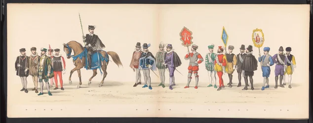 Mascarada de los estudiantes de Leiden, 1875 (lámina 2) Mascarada realizada por los miembros del cuerpo de estudiantes de Leiden el 15 de junio de 1875 en celebración del 300 aniversario de la Leidsche Hoogeschool, que representa la Leidsche Hoogeschool, r
