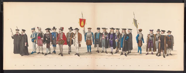 Mascarada de los estudiantes de Leiden, 1875 (lámina 8) Mascarada realizada por los miembros del cuerpo de estudiantes de Leiden el 15 de junio de 1875 en celebración del 300 aniversario de la Leidsche Hoogeschool, que representa la Leidsche Hoogeschool, r