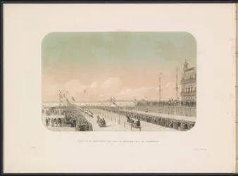 Carrera de carruajes tirados por caballos en el Maas en Rotterdam, 1855 Vista de las carreras de trotones con trineos tirados por caballos y bufones, a lo largo del Willemskade (título sobre el objeto) El entretenimiento sobre hielo en el Maas en Rotterdam