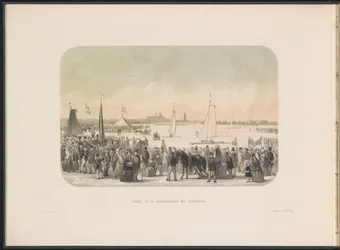 Concurso de yates de vela sobre hielo en el Maas en Rotterdam, 1855 Vista de la partida de hardsail con botes de hielo (título sobre el objeto) El entretenimiento sobre hielo en el Maas en Rotterdam en febrero de 1855, con subtítulos (título de la serie en