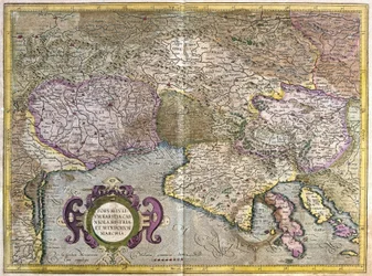 Friuli, Italia - Eslovenia (Istria) con el Golfo de Trieste y los Balcanes (grabado)