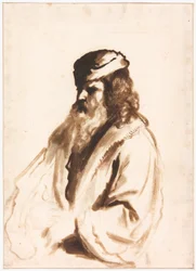 Figura barbuda con turbante y abrigo de piel, medio cuerpo, girado a la derecha