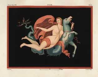 Una nereida (ninfa marina) con manto y brazaletes cabalgando sobre un monstruo marino o hipocampo, mitad caballo y mitad pez. Museo Naz. XXII, Stabiae. Dibujado y cromolitografiado por Victor Steeger a partir de Emile Presuhn (1844-1878) Las más bellas pin